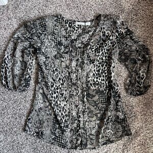 Liz Claiborne Black & Gray Mixed Animal Print Peasant Blouse
